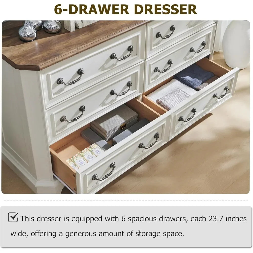 T4TREAM Farmhouse 6 Drawers Dresser for Bedroom, 54 Wide Wood Rustic Chest of Drawers with Natural Texture, Vintage Design, Stor