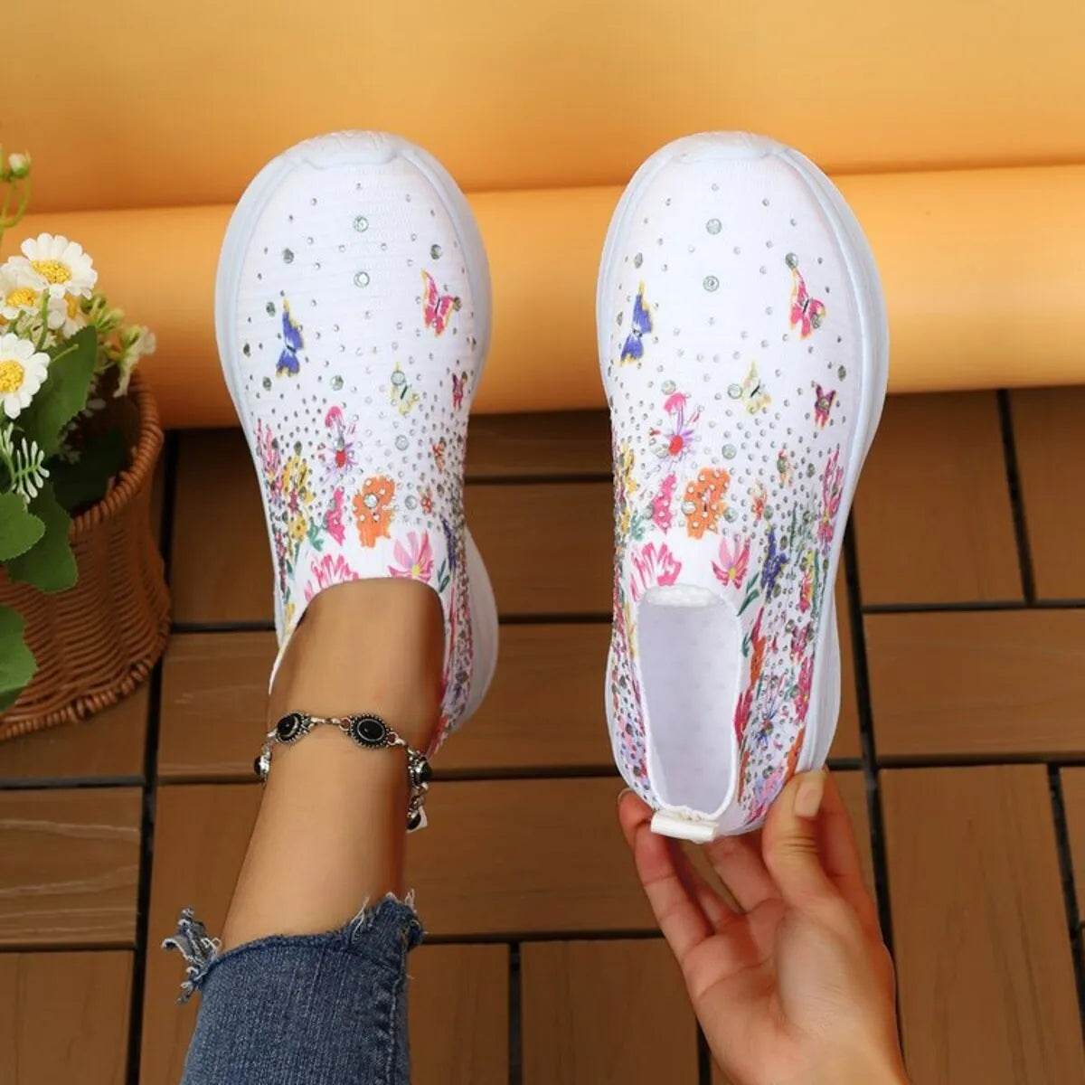 Rhinestone Floral Print Sneakers - Tredona LLC