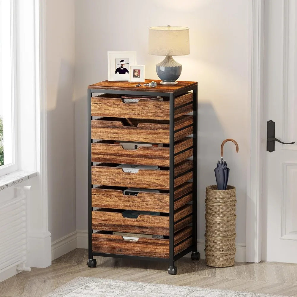 Tribesigns 7 Drawer Chest, Wood Storage Dresser Cabinet with Wheels, Industrial Storage Drawer Organizer Cart for Office Bedroom
