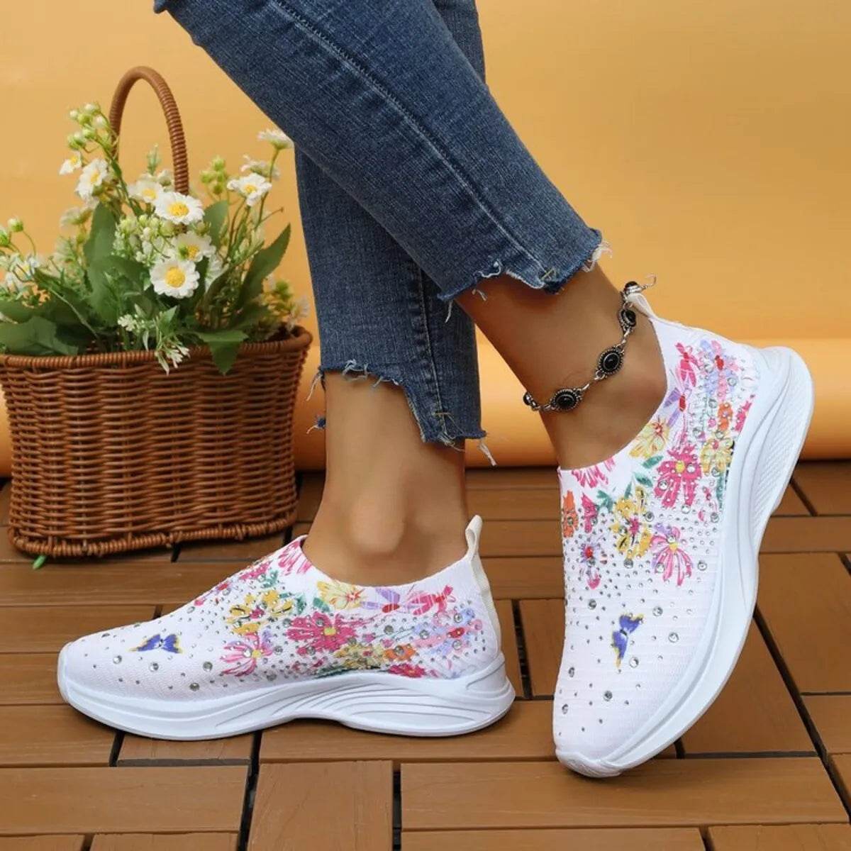 Rhinestone Floral Print Sneakers - Tredona LLC