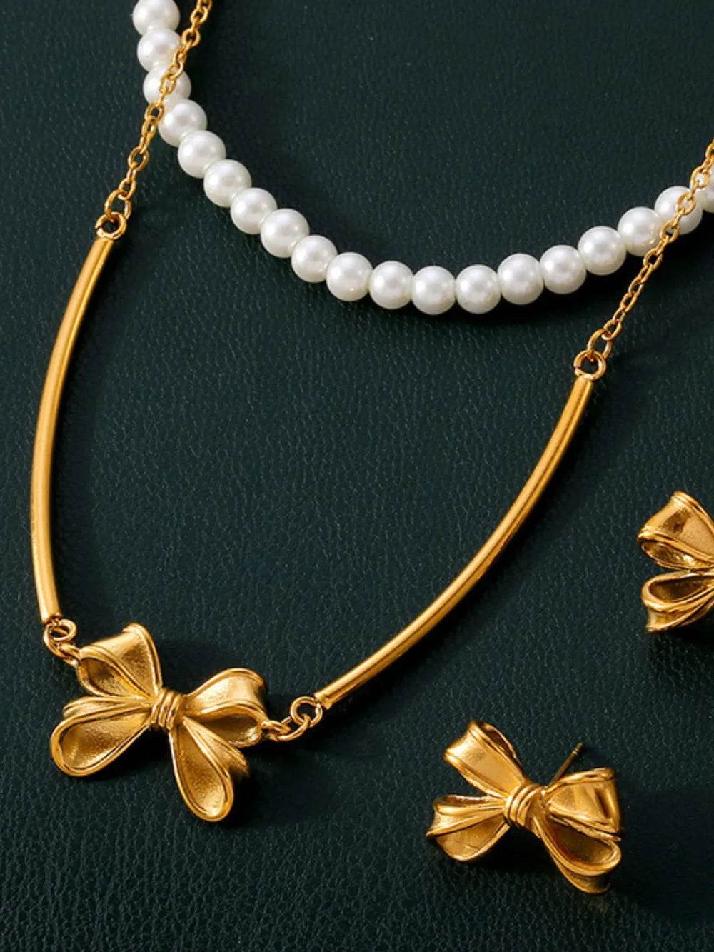 3 Piece Pearl Necklace, Bow Necklace and Stud Earrings Jewelry Set - Tredona LLC