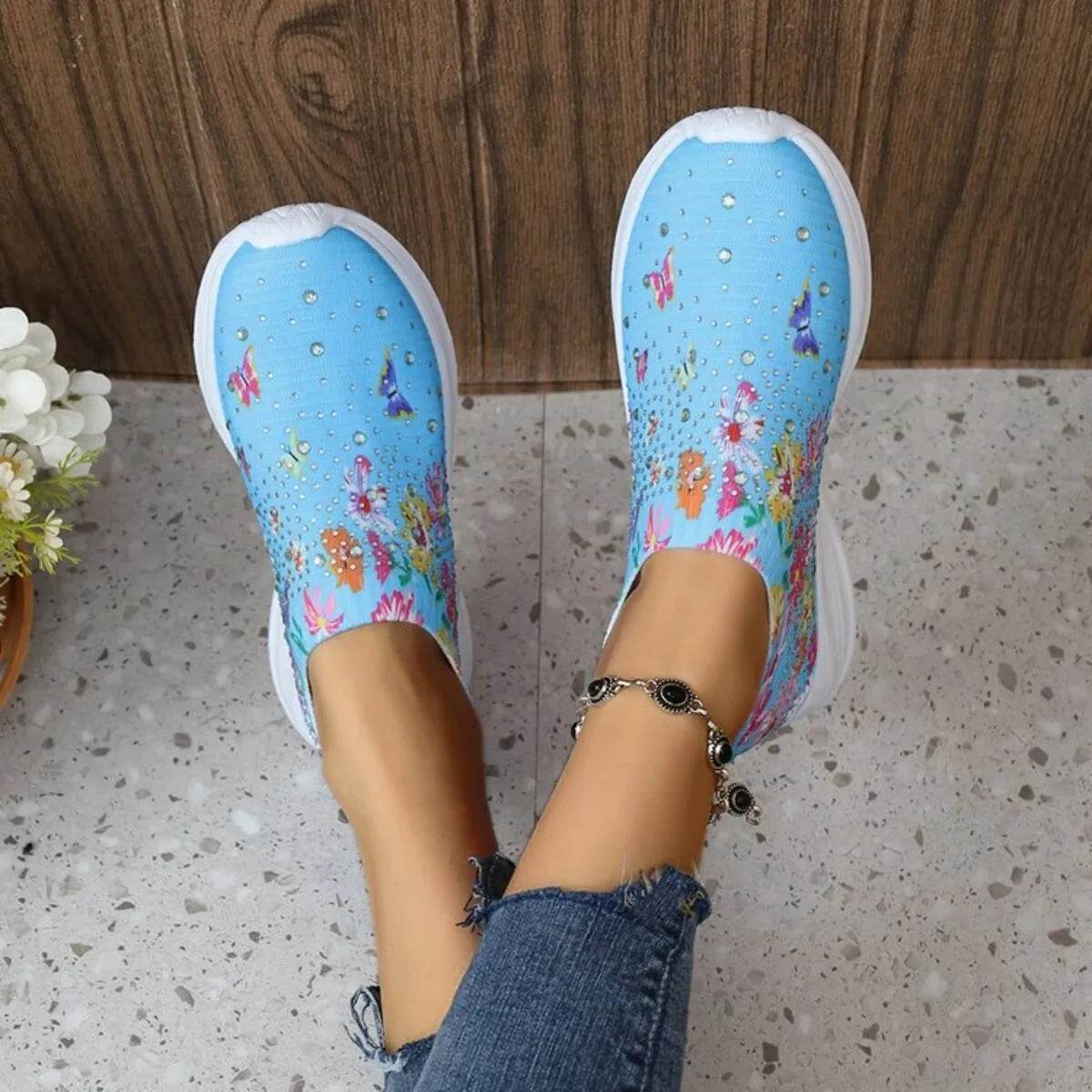Rhinestone Floral Print Sneakers - Tredona LLC