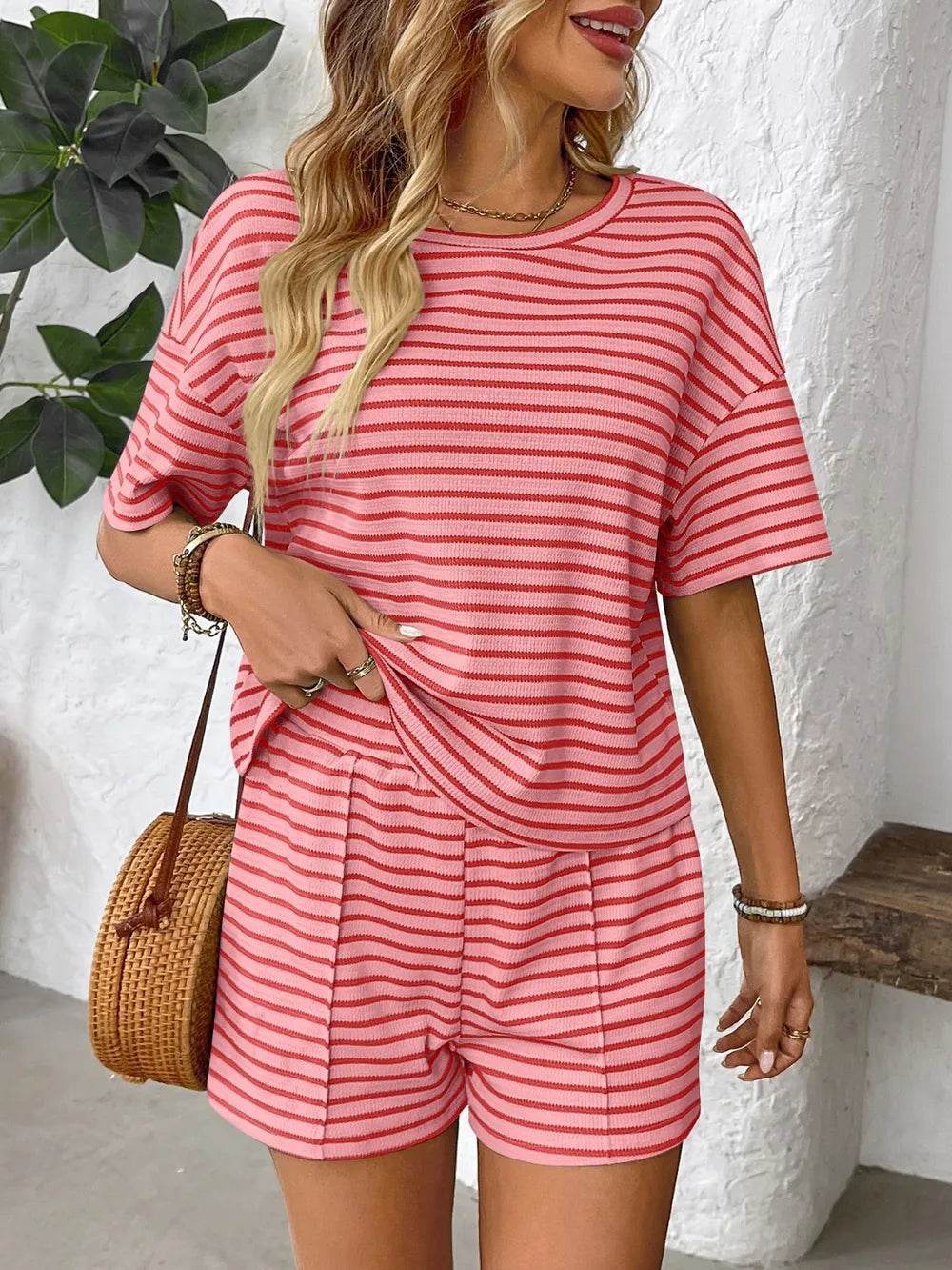 Striped Round Neck Short Sleeve Top and Shorts Set - Tredona LLC