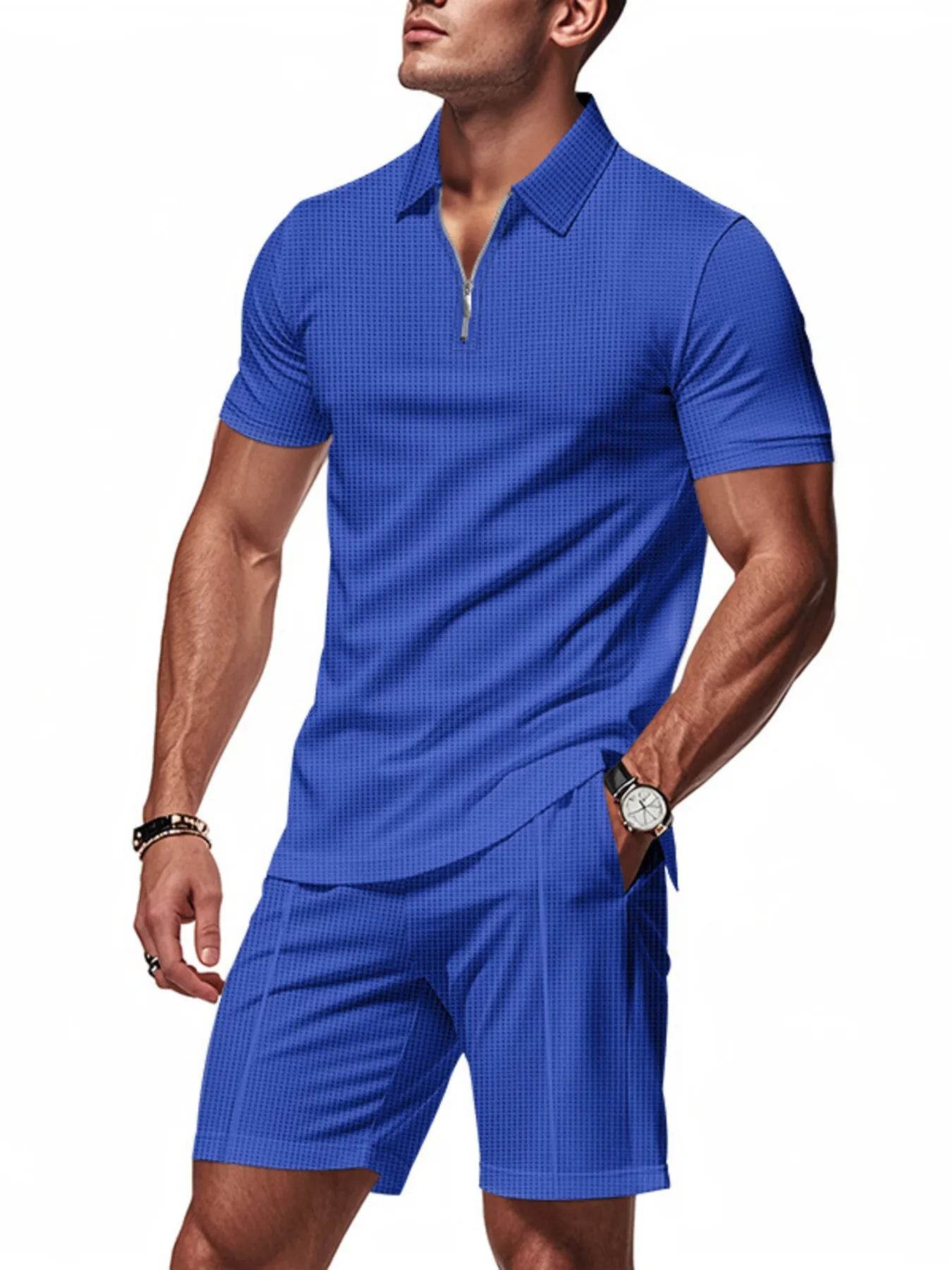 Men's Plus Size Quarter Zip Short Sleeve Top and Shorts Set - Tredona LLC