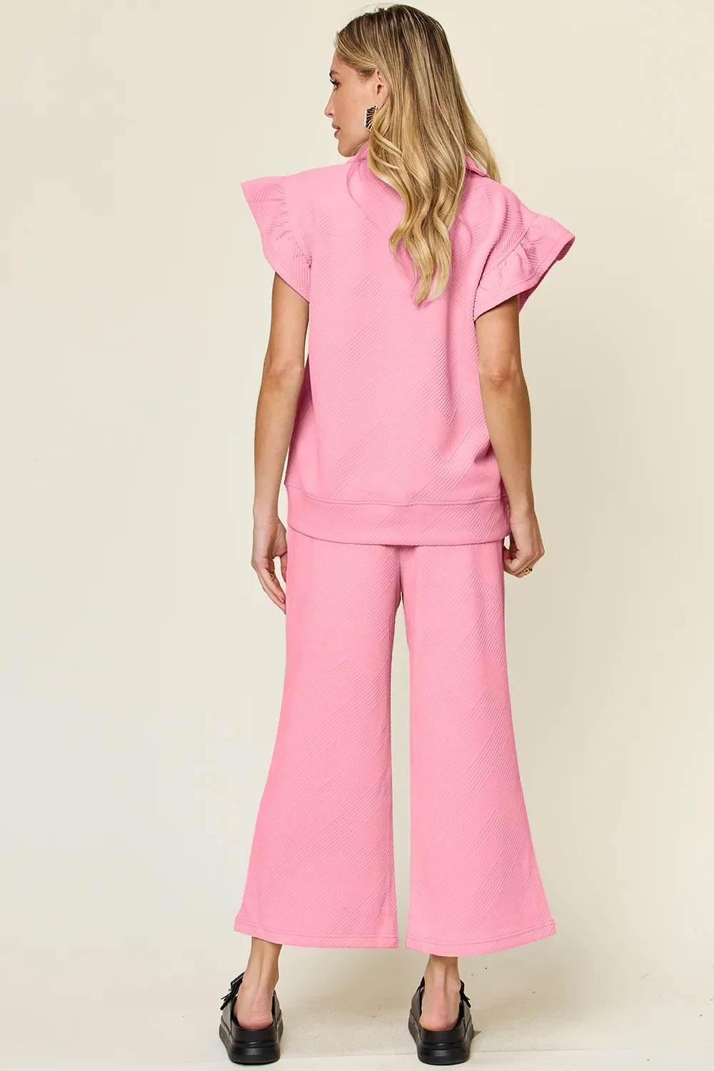 Double Take Texture Ruffle Short Sleeve Top and Drawstring Wide Leg Pants Set - Tredona LLC