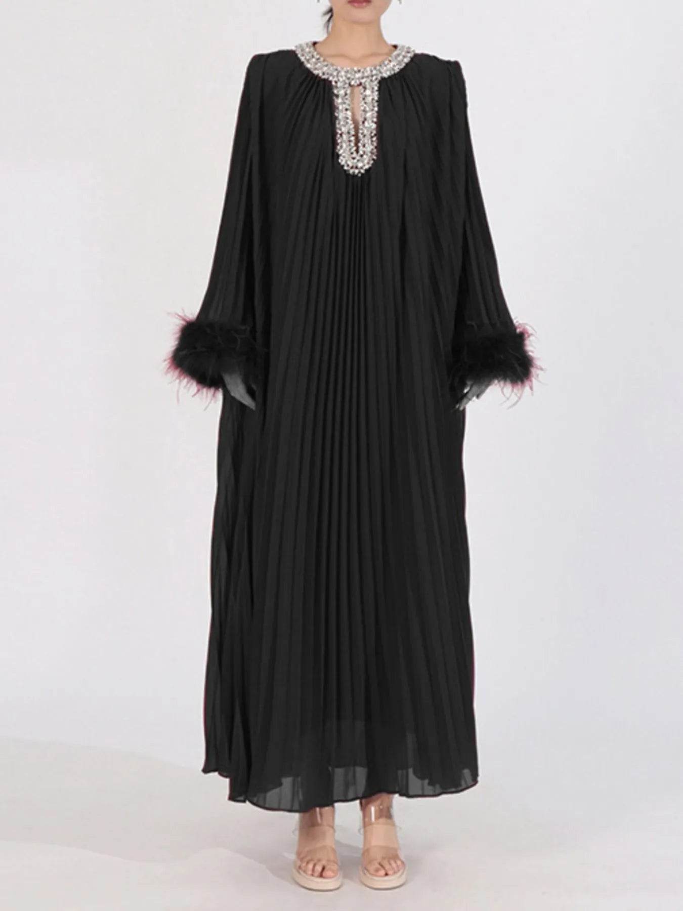 Rhinestone Long Sleeve Maxi Dress - Tredona LLC