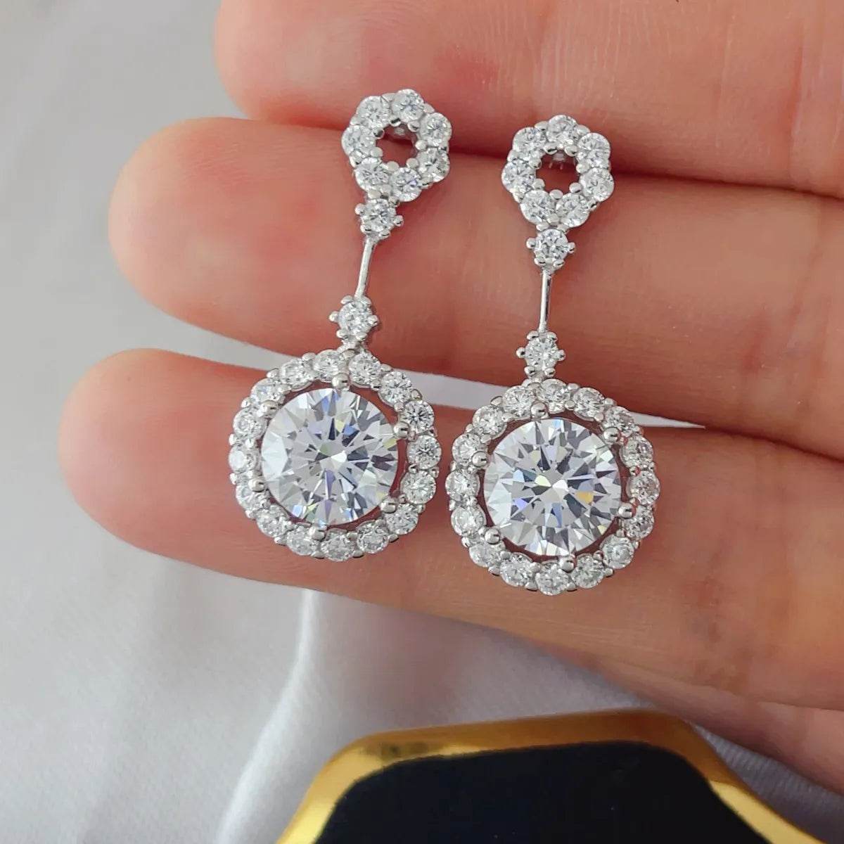 4 Carat Crystal Drop Dangle Earrings with Round Halo Design - Tredona LLC