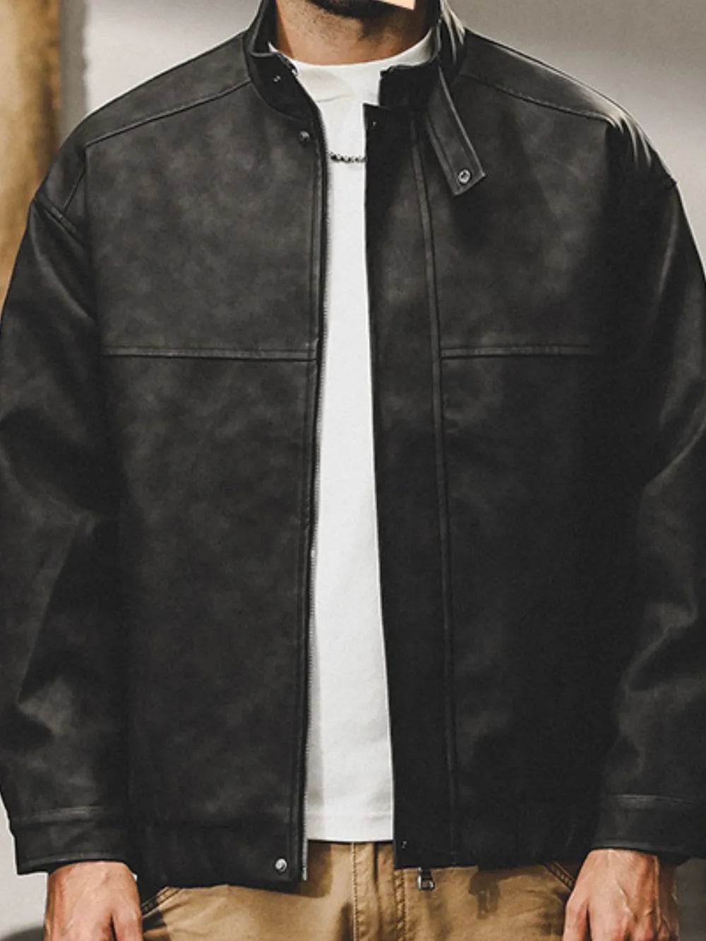 Men's Plus Size Zip Up Stand Collar Biker Jacket - Tredona LLC