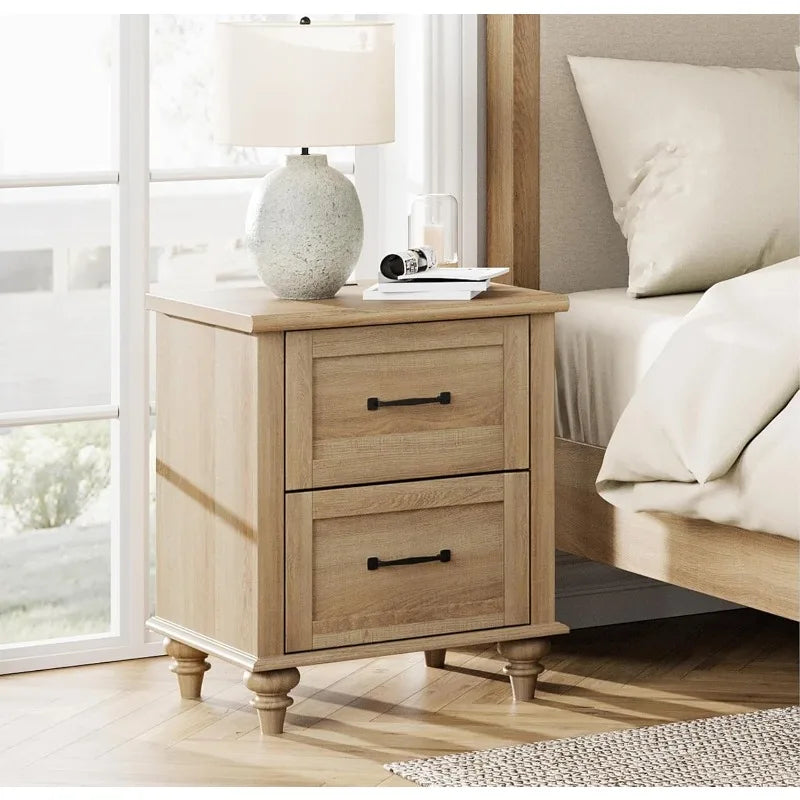 WAMPAT Nightstand Side Table with Charging Station, Light Wood End Table with 2 Drawers,Night Stand Bedside Table,Oak