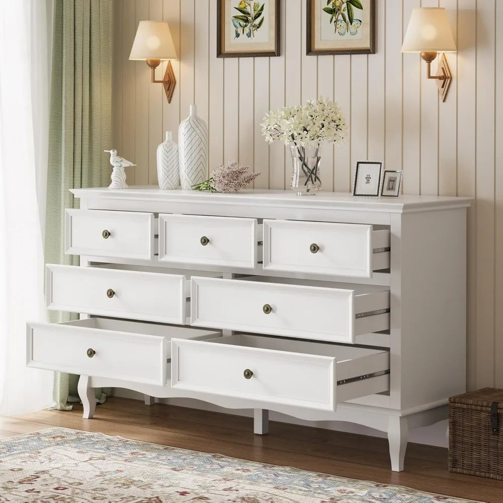 RoyalCraft White 7 Drawer Dresser for Bedroom, Modern Chest of Drawers with Solid Wood Legs and Painted Finish, Wooden Storage C