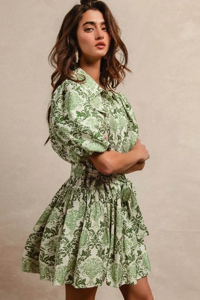 BiBi Tied Floral Short Sleeve Mini Shirt Dress - Tredona LLC