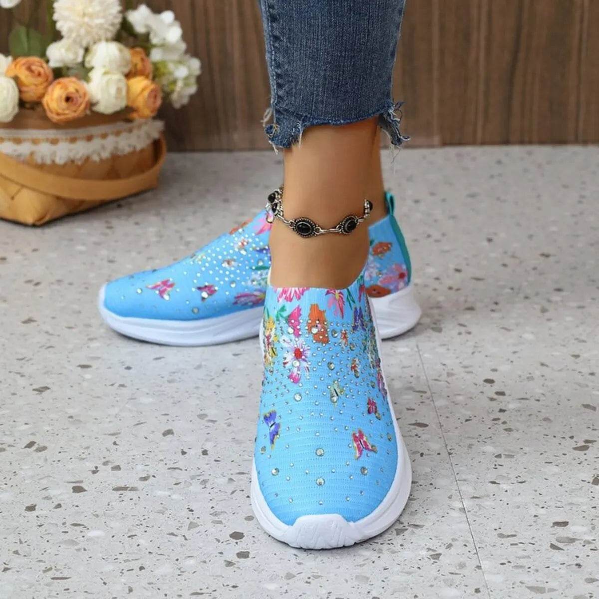 Rhinestone Floral Print Sneakers - Tredona LLC