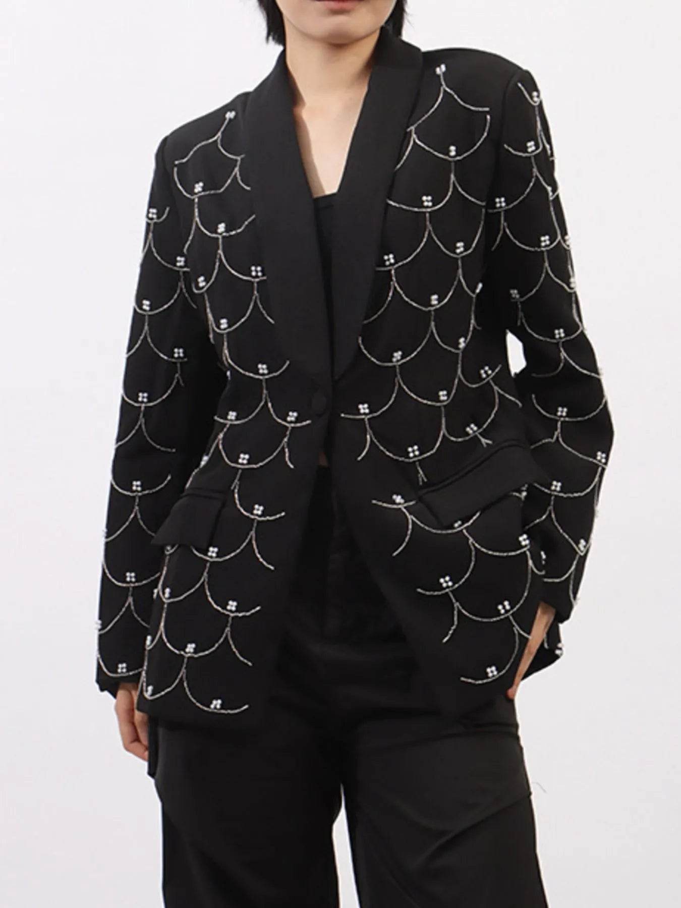 Pearl Detail Long Sleeve Blazer - Tredona LLC