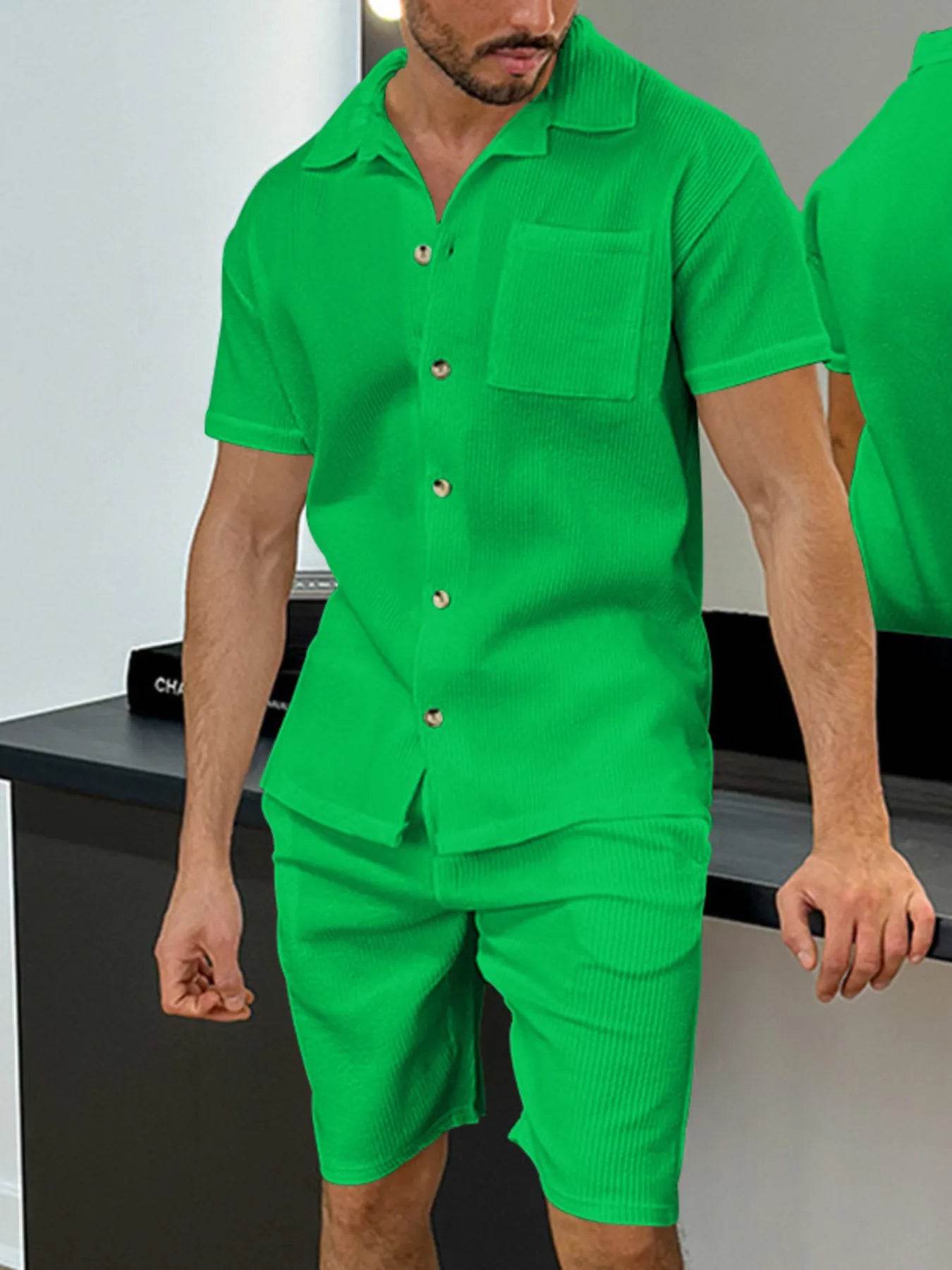 Men's Full Size Button Up Top and Shorts Set Plus Size - Tredona LLC