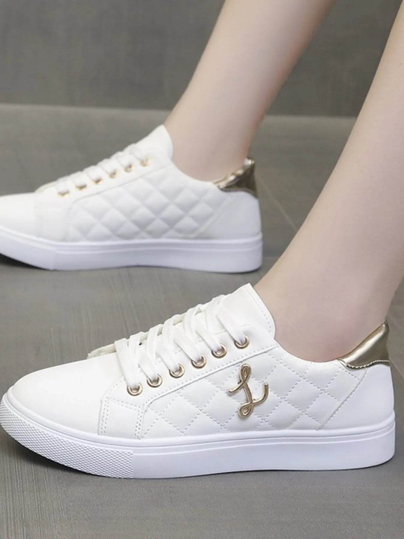 Quilted Platform Sneakers with Metallic Gold Accents - Tredona LLC