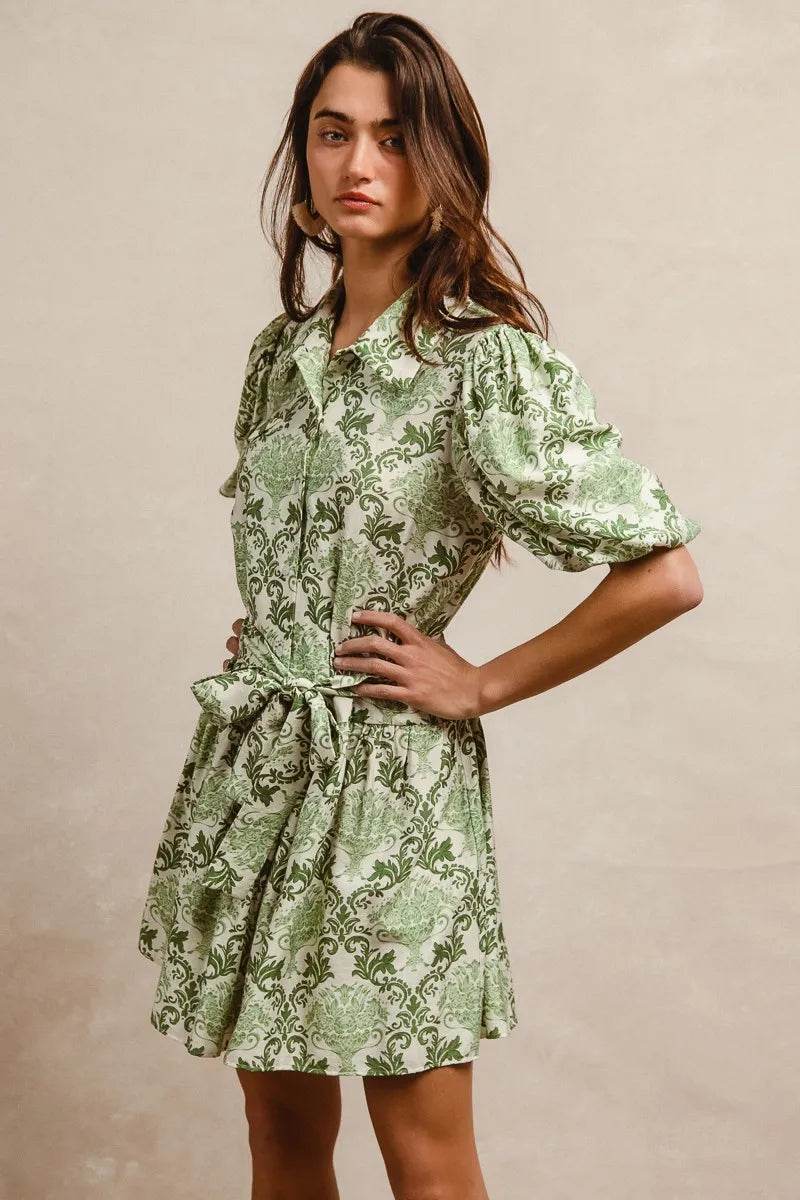 BiBi Tied Floral Short Sleeve Mini Shirt Dress - Tredona LLC
