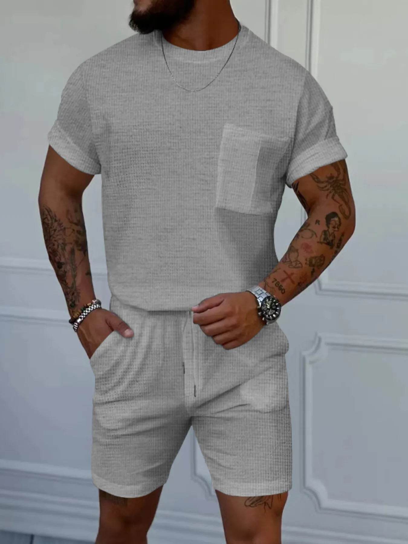 Men's Full Size Round Neck Short Sleeve Top and Shorts Set Plus Size - Tredona LLC