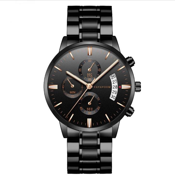Men''s Stainless Steel Watches with Business Leisure Calendar Quartz Watches Waterproof Black Refined Steel Watches - Tredona LLC