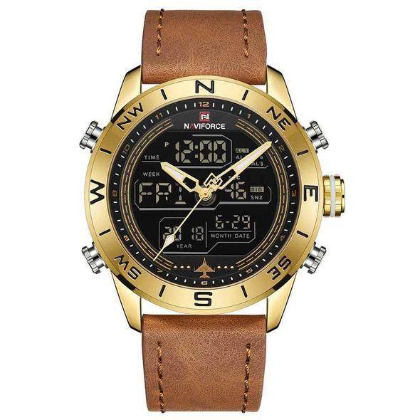 NAVIFORCE 9144 Fashion Gold Men Sport Watches Mens LED Analog Digital Watch Army Military Leather Quartz Watch Relogio Masculino - Tredona LLC