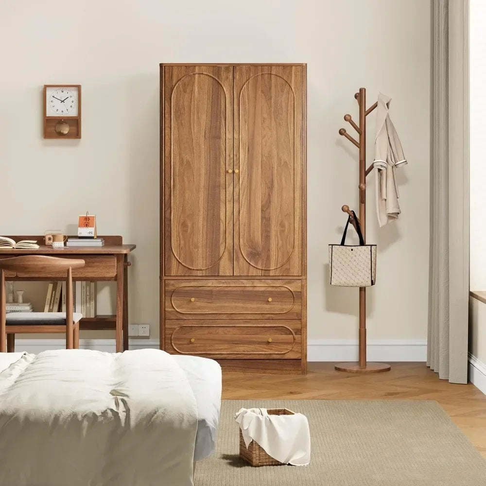 YQXH Fluted Freestanding Armoire Wardrobe Closet with 2 Doors and 2 Storage Drawers, Large Capacity Wardrobe Cabinet