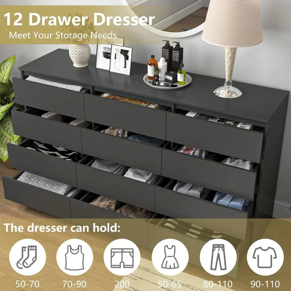 Black Dresser for Bedroom,Modern Long 12 Drawer Dresser with Deep Drawer,Wood Storage Chest of Drawer, Bedroom Storage Organizer