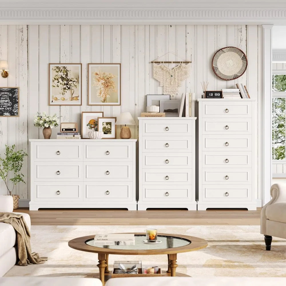 HOSTACK 5 Drawers Dresser for Bedroom, 44 Tall White Dresser with 5 Drawers, White Chest of Drawers with Storage, Modern Farmhou