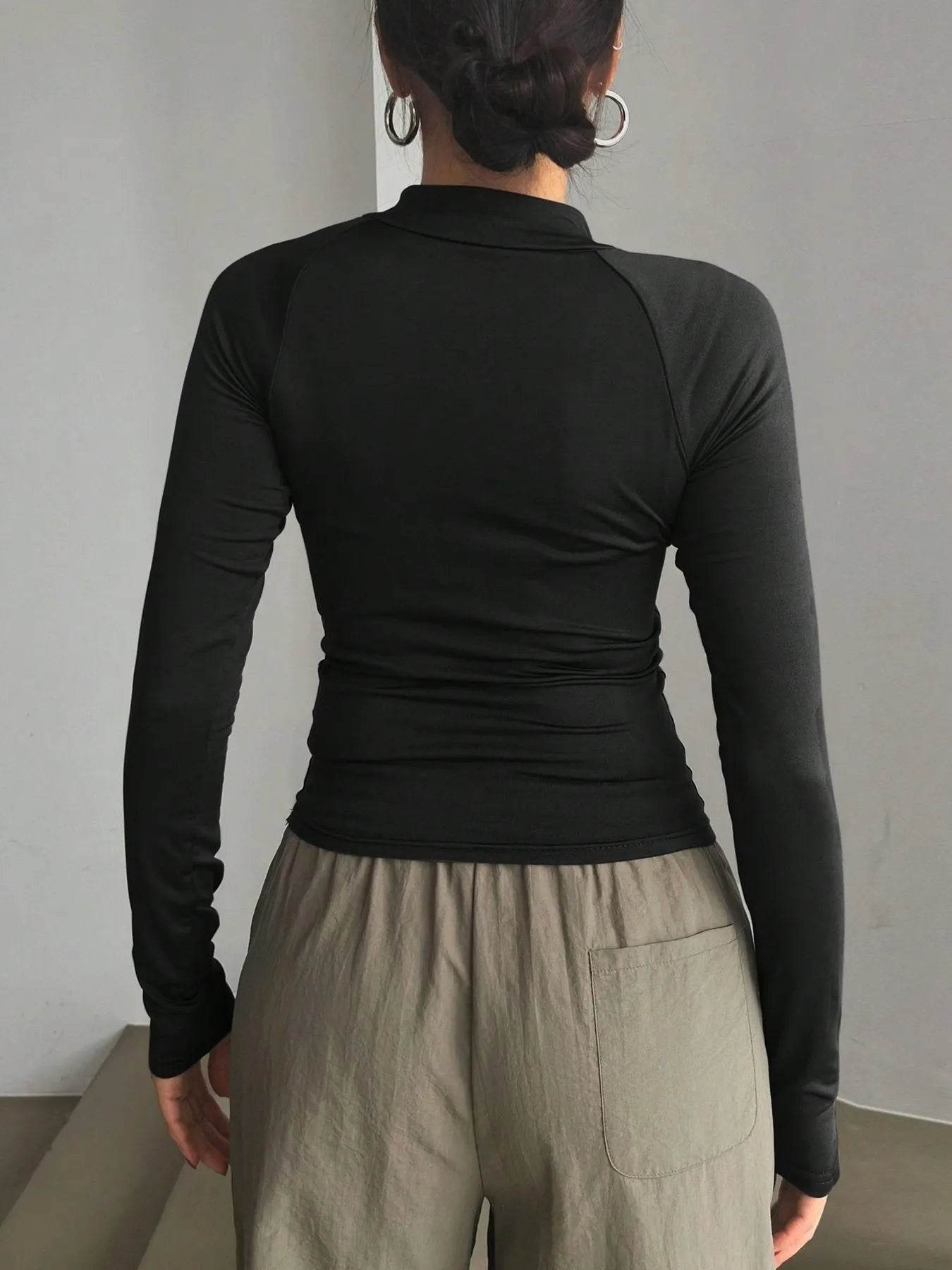 Long Sleeve Zip Front Fitted T-Shirt - Tredona LLC