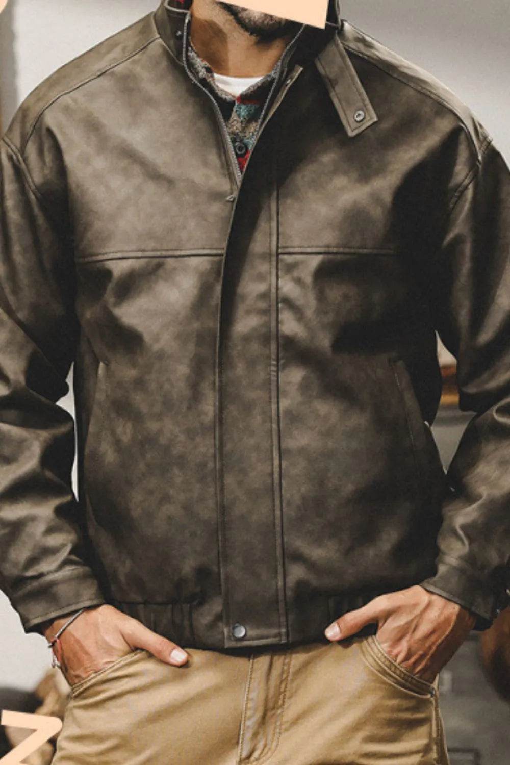 Men's Plus Size Zip Up Stand Collar Biker Jacket - Tredona LLC