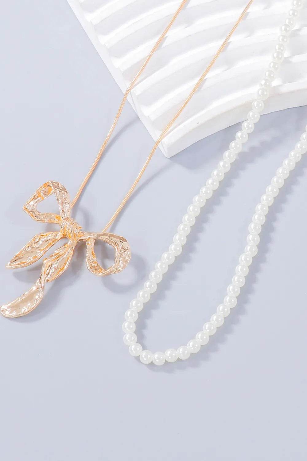 Synthetic Pearl Necklace, Bow Necklace and Bow Earrings Jewelry Set - Tredona LLC