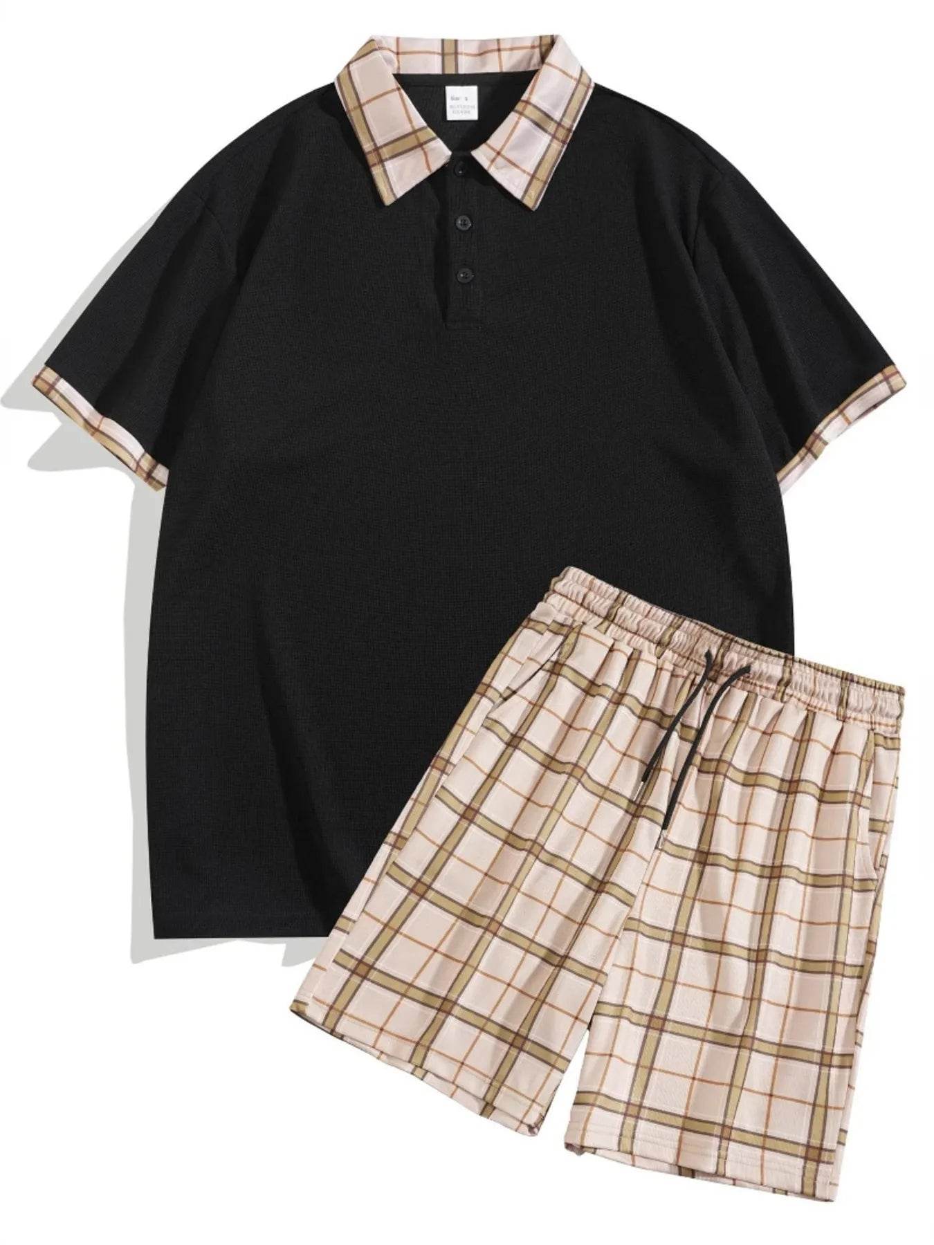 Men's Full Size Classic Plaid Collar Polo and Shorts Set Plus Size - Tredona LLC