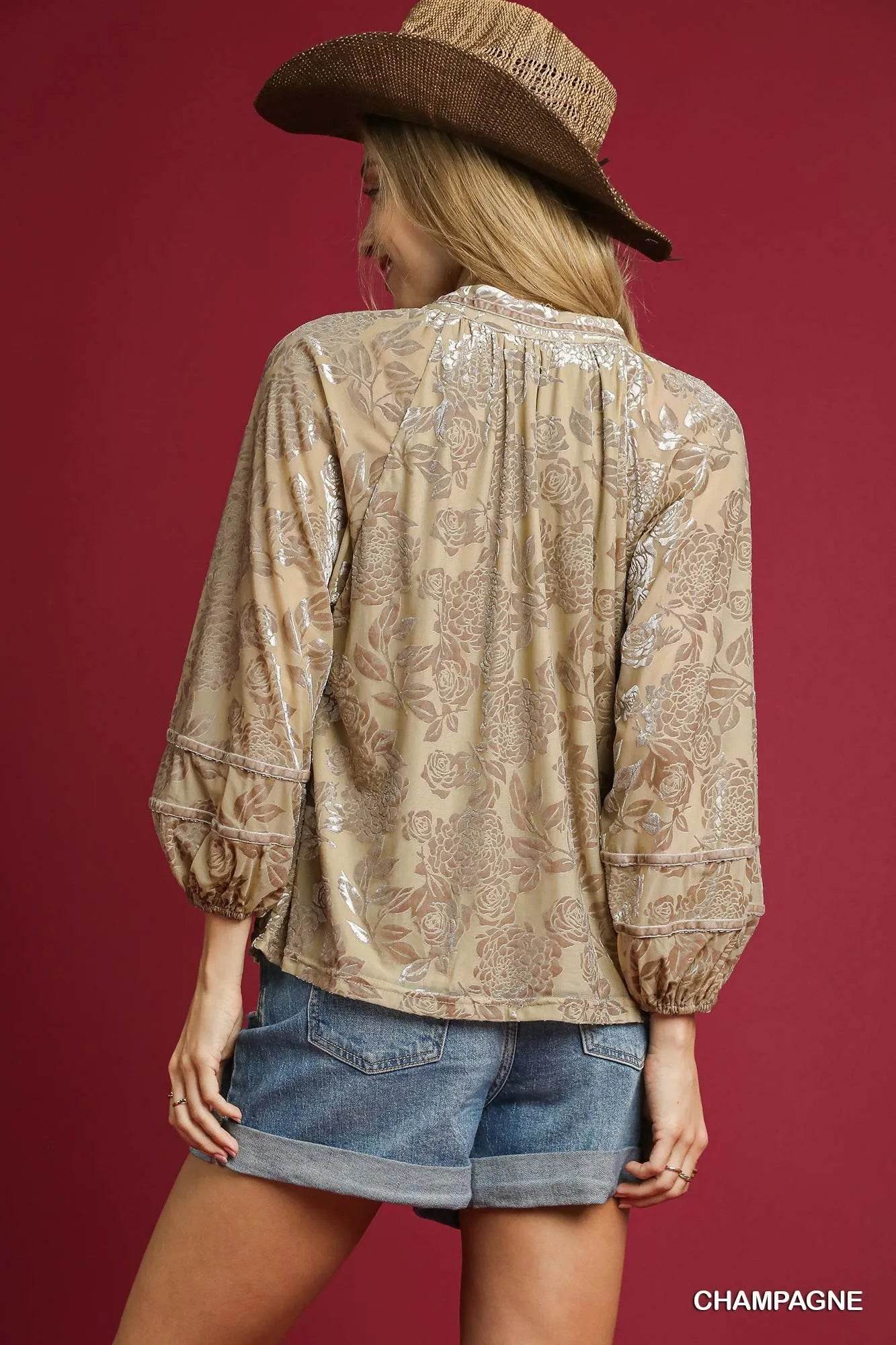 Umgee Floral Velvet Blouse with Balloon Sleeves - Tredona LLC