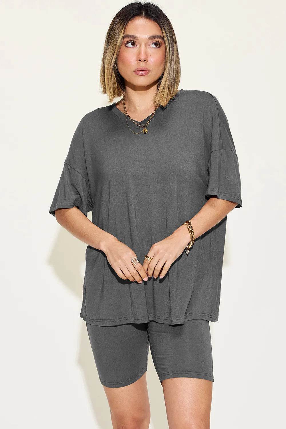 Basic Bae Full Size V-Neck Drop Shoulder T-Shirt and Shorts Set - Tredona LLC