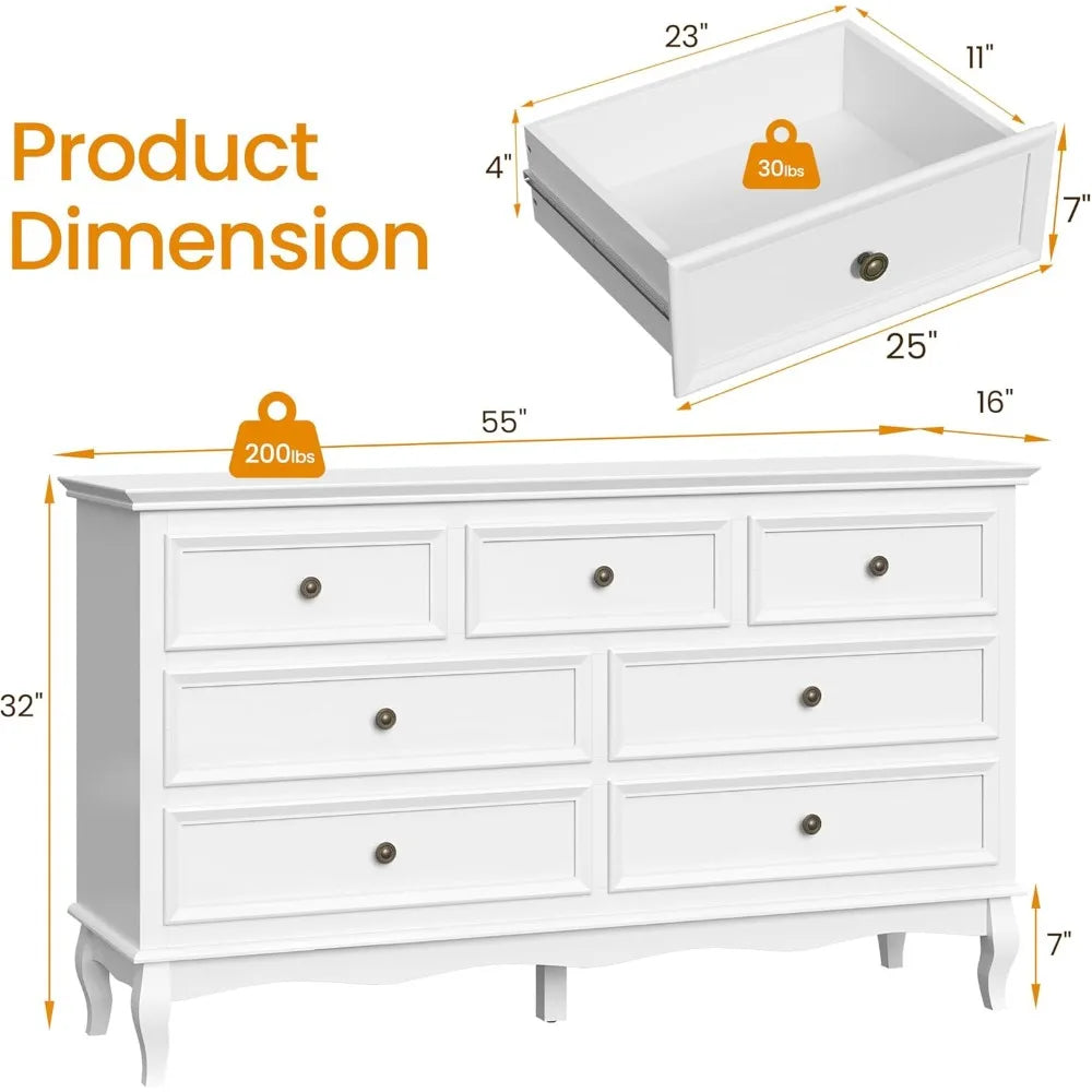 RoyalCraft White 7 Drawer Dresser for Bedroom, Modern Chest of Drawers with Solid Wood Legs and Painted Finish, Wooden Storage C