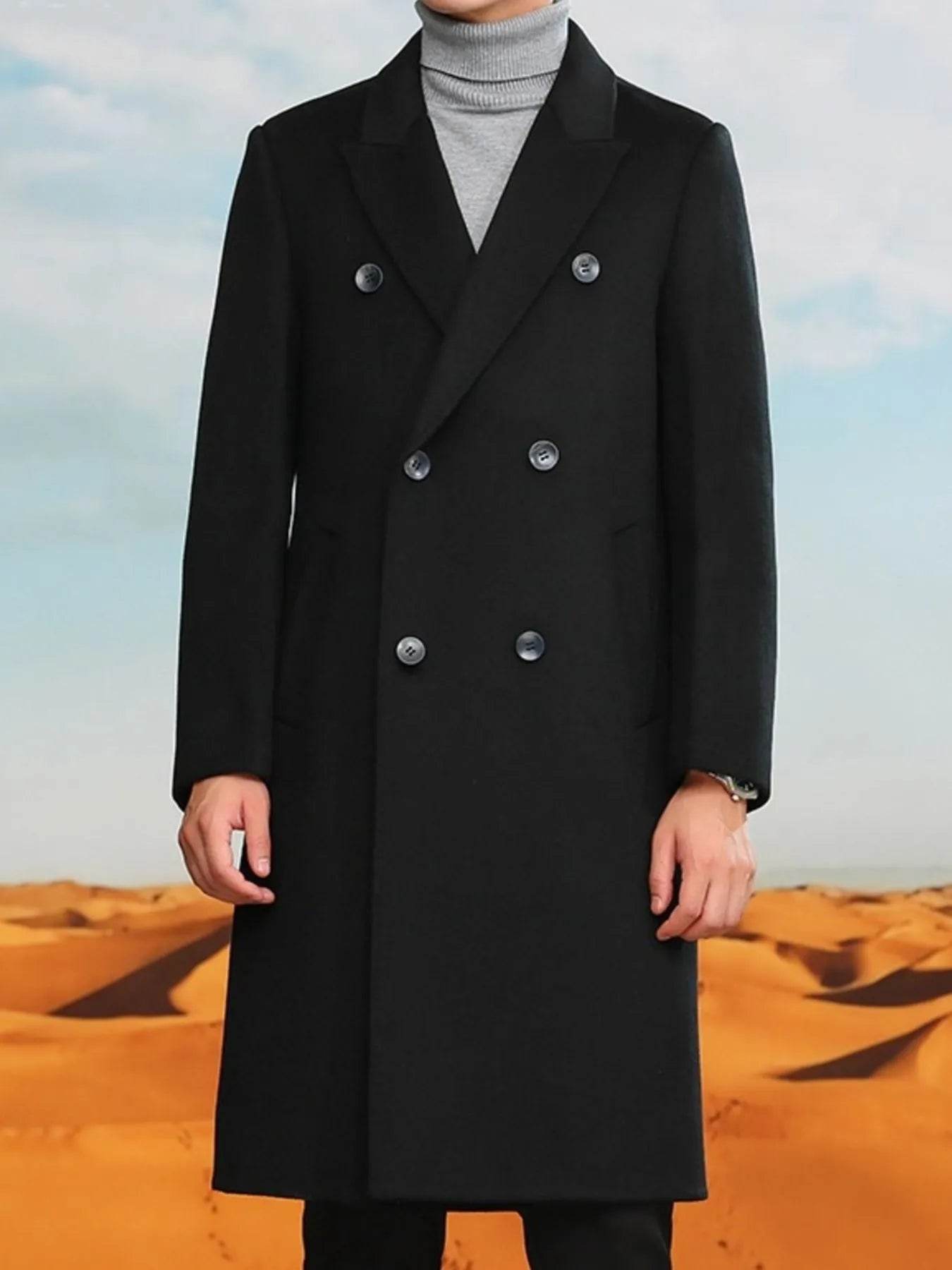 Men's Plus Size Double-Breasted Long Wool Coat - Tredona LLC