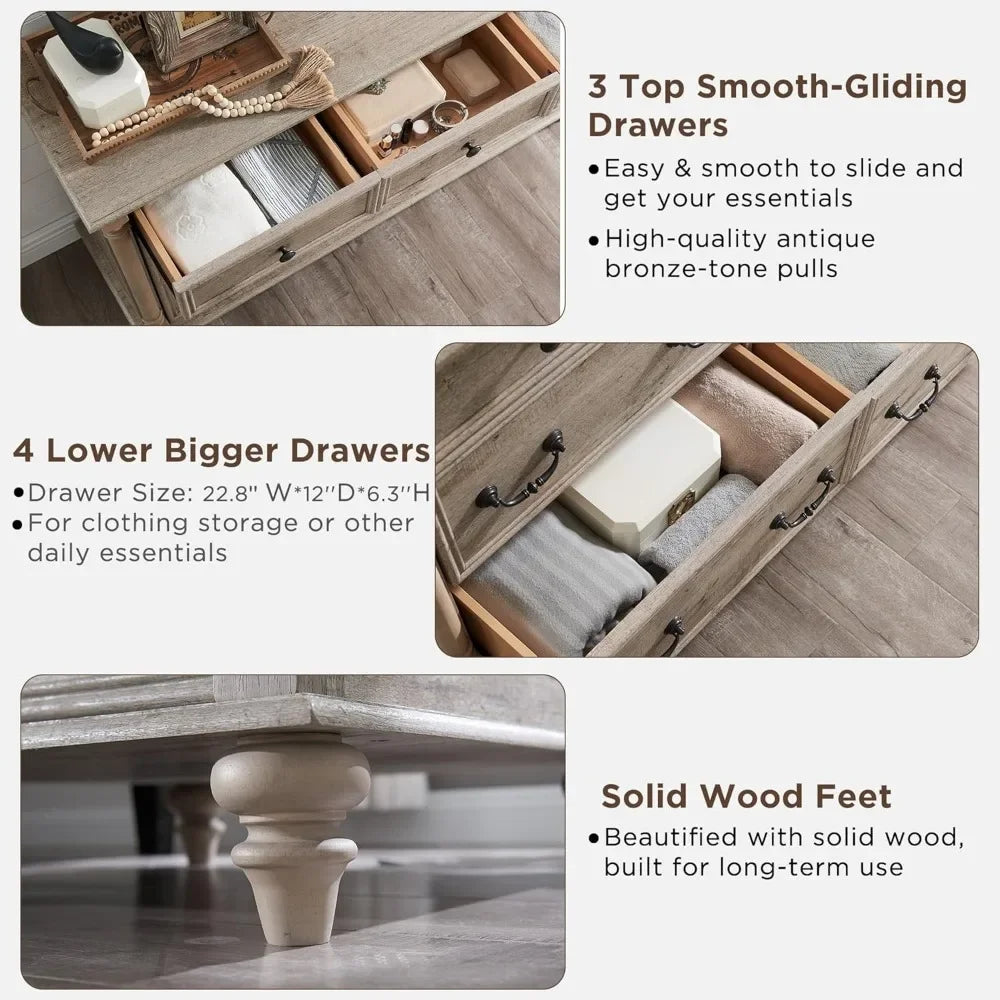 Rustic Country Style 7-Drawer Wood Dresser with Solid Feet and Column Accents for Bedroom