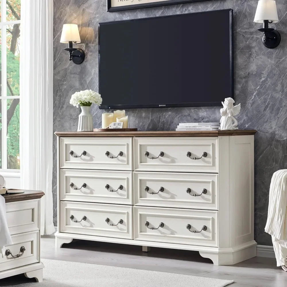 T4TREAM Farmhouse 6 Drawers Dresser for Bedroom, 54 Wide Wood Rustic Chest of Drawers with Natural Texture, Vintage Design, Stor