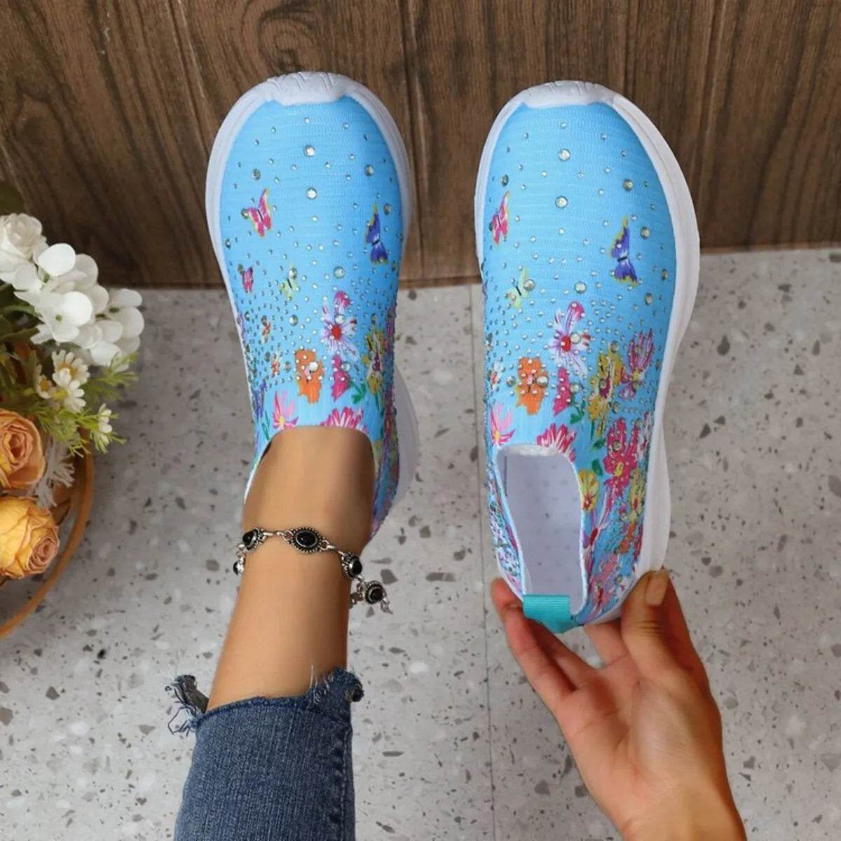 Rhinestone Floral Print Sneakers - Tredona LLC