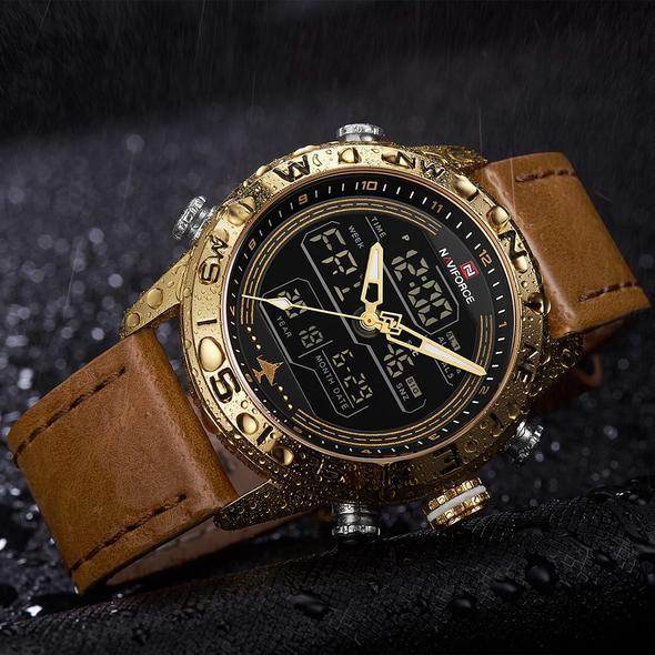 NAVIFORCE 9144 Fashion Gold Men Sport Watches Mens LED Analog Digital Watch Army Military Leather Quartz Watch Relogio Masculino - Tredona LLC