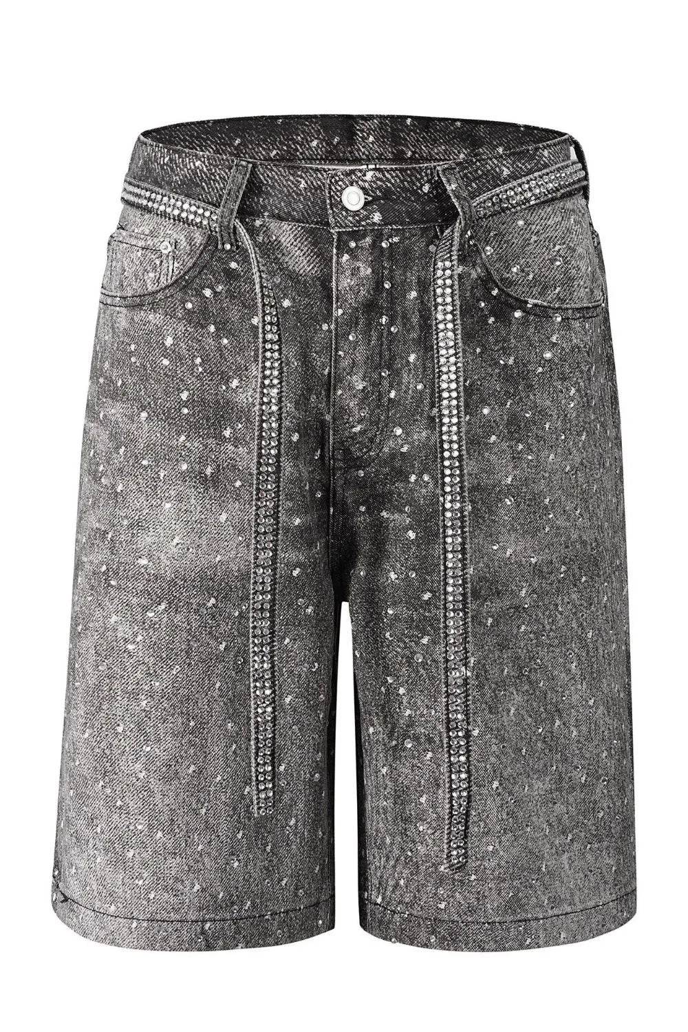 Men's Washed Rhinestone Denim Bermuda Shorts - Tredona LLC