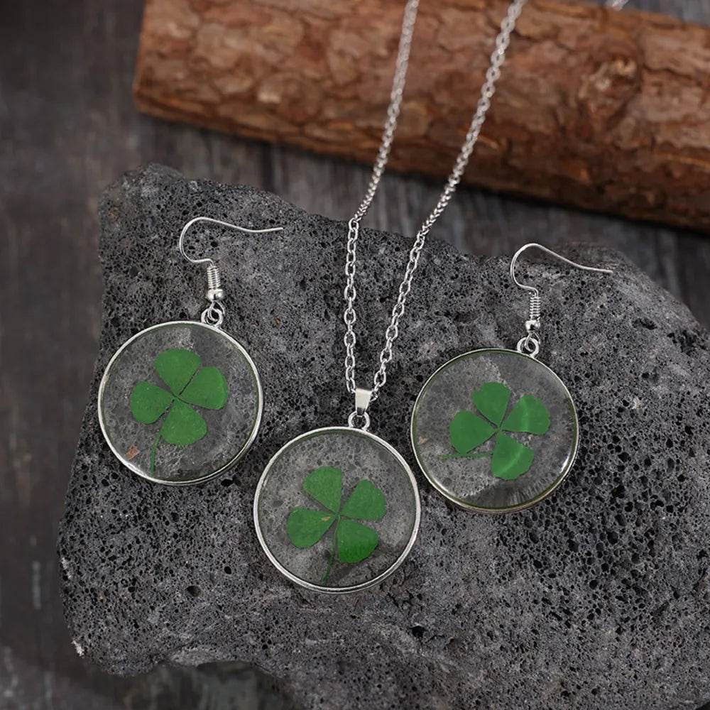 Lucky Clover Alloy Acrylic Earrings and Necklace Jewelry Set - Tredona LLC