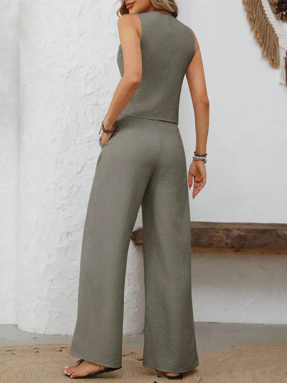 V-Neck Button Down Vest and Wide Leg Pants Set - Tredona LLC