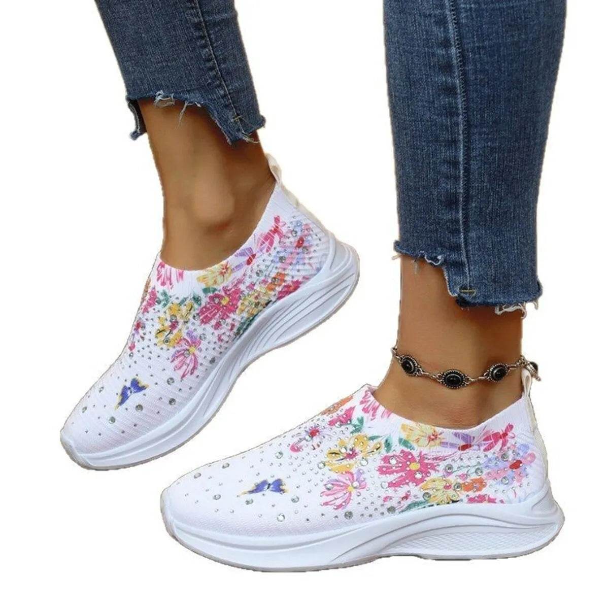 Rhinestone Floral Print Sneakers - Tredona LLC
