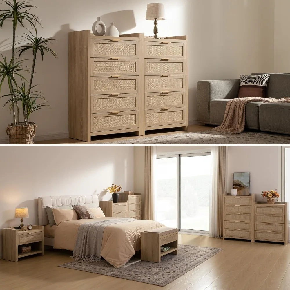 SICOTAS Dresser for Bedroom Chest of Drawers 46 Tall Dresser for Closet with 5 Rattan Drawers Boho Night Stand Large Clothes Sto
