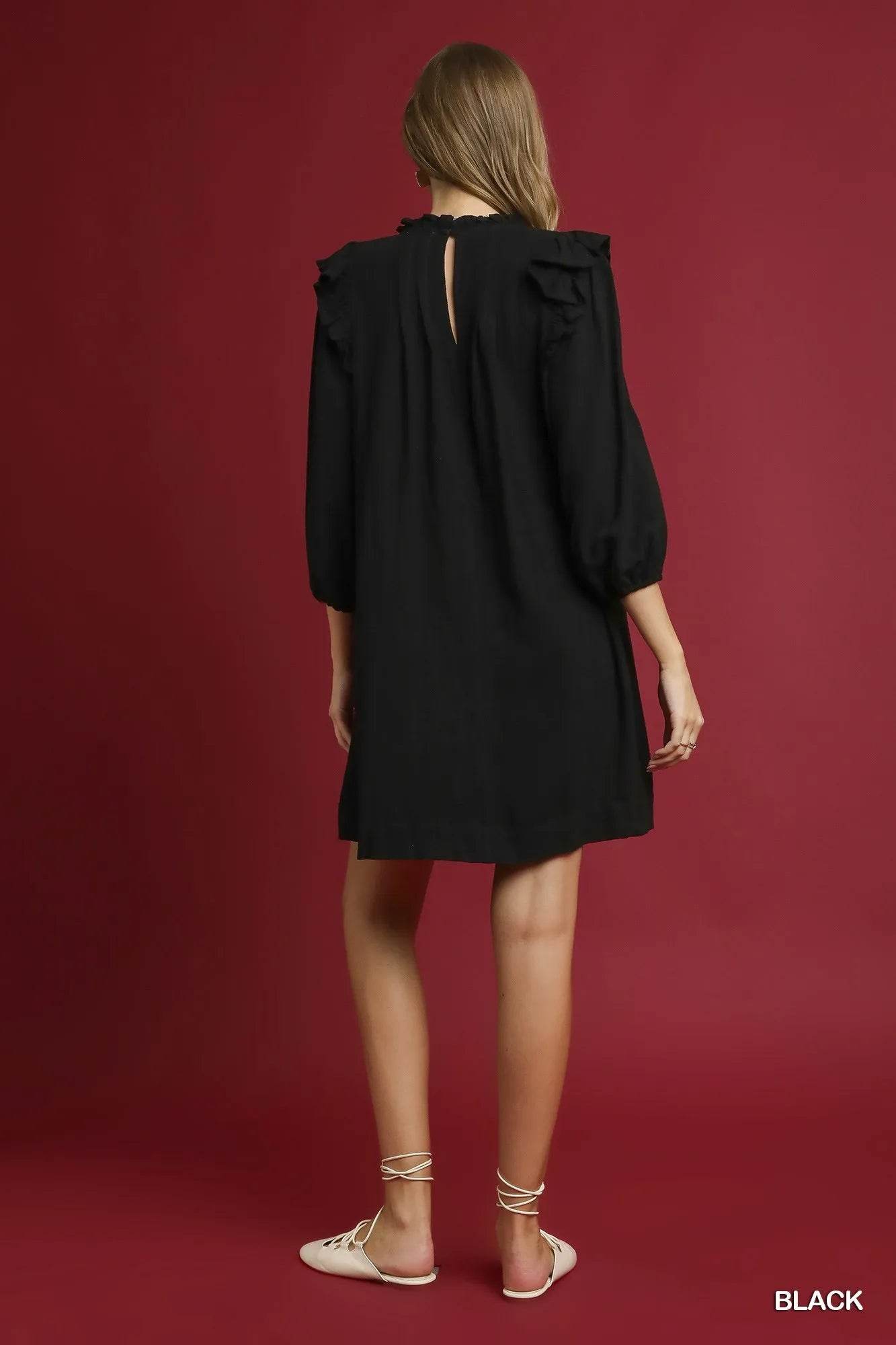 Umgee Linen Ruffle Shoulder Pleated Babydoll Dress - Tredona LLC