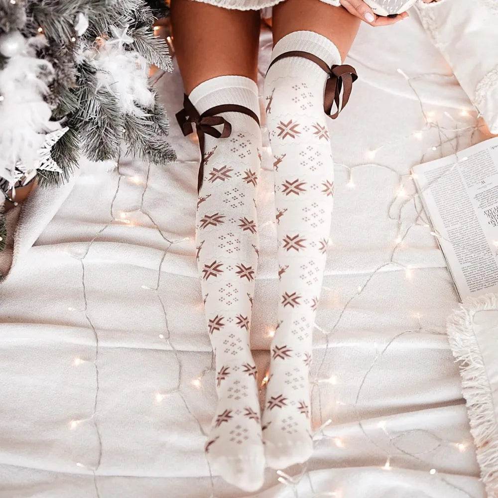 Christmas Element Bowknot Ribbed Trim Over Knee Stockings - Tredona LLC