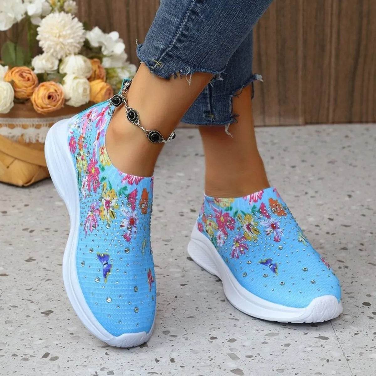 Rhinestone Floral Print Sneakers - Tredona LLC