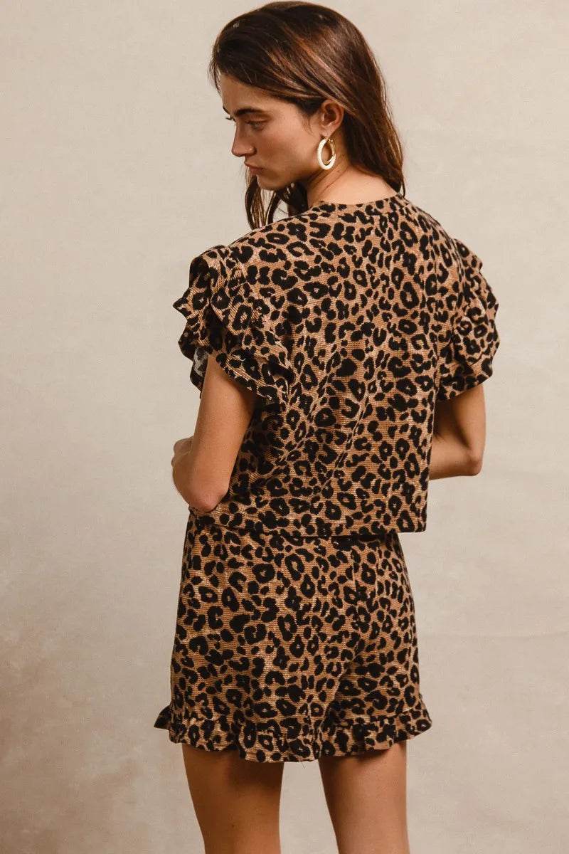 BiBi Leopard Print Waffle Texture Layered Ruffle Sleeve Top and Shorts Set - Tredona LLC