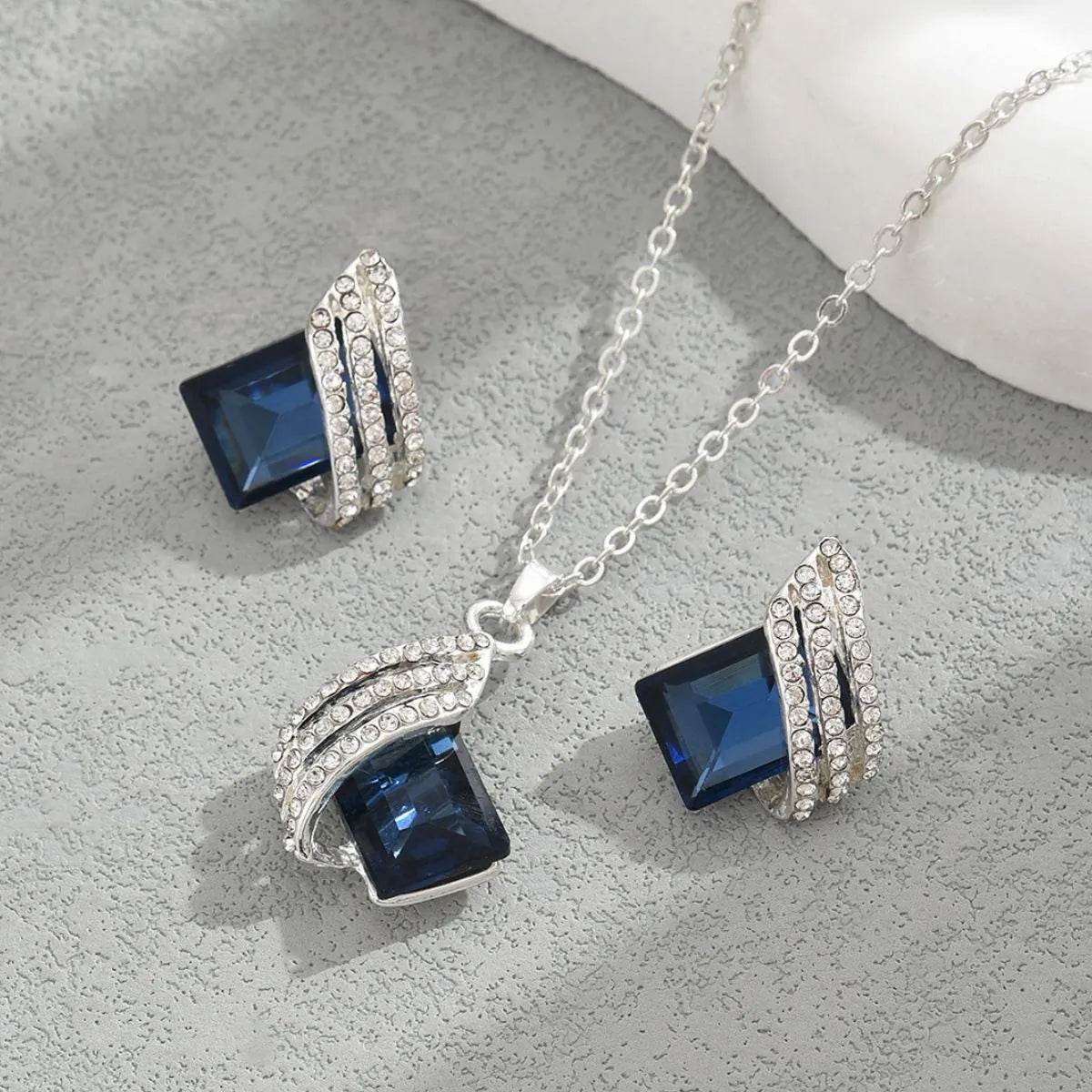 Stainless Steel Crystal Geometric Earrings and Necklace Jewelry Set - Tredona LLC