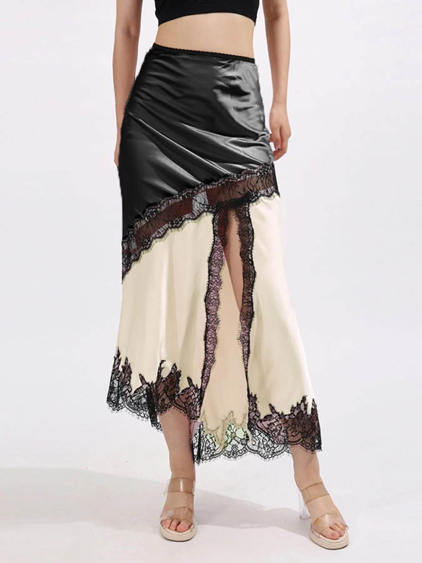 Lace Trim Asymmetrical Midi Skirt - Tredona LLC