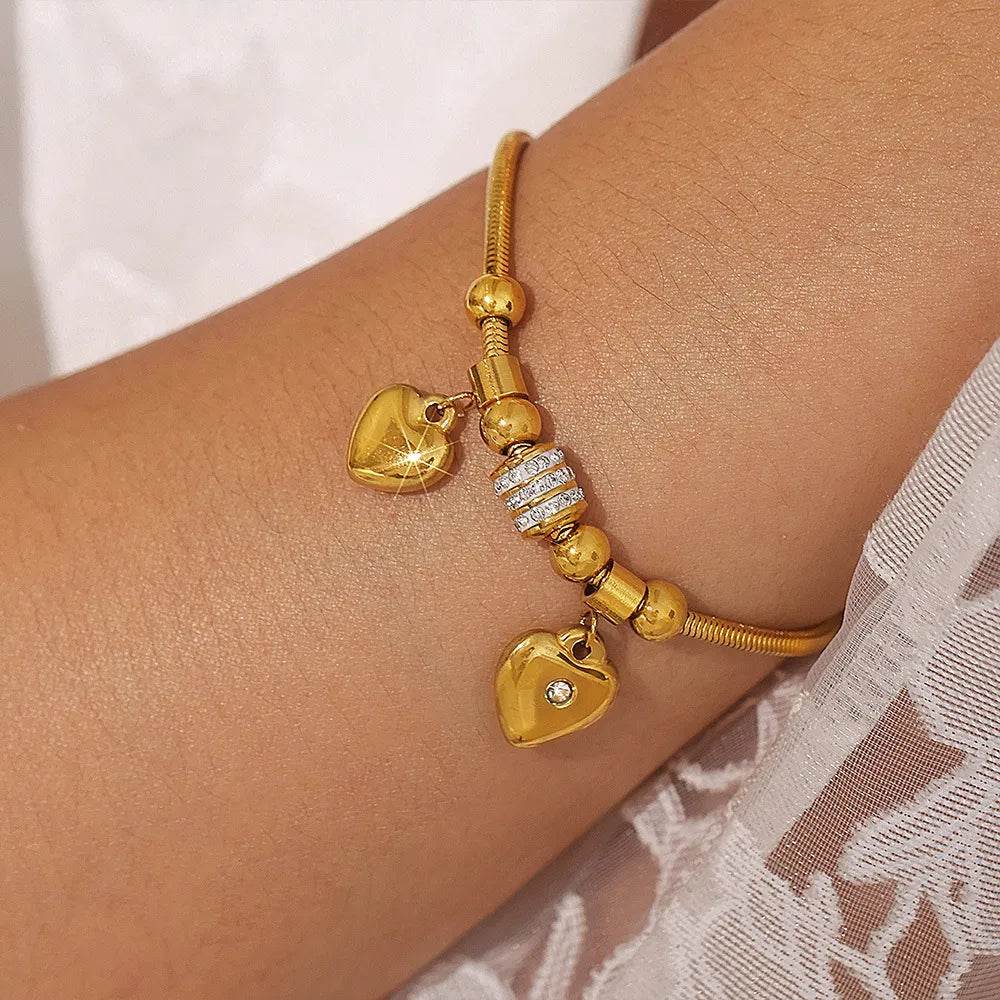 18K Gold-Plated Rhinestone Heart Charm Bracelet - Tredona LLC